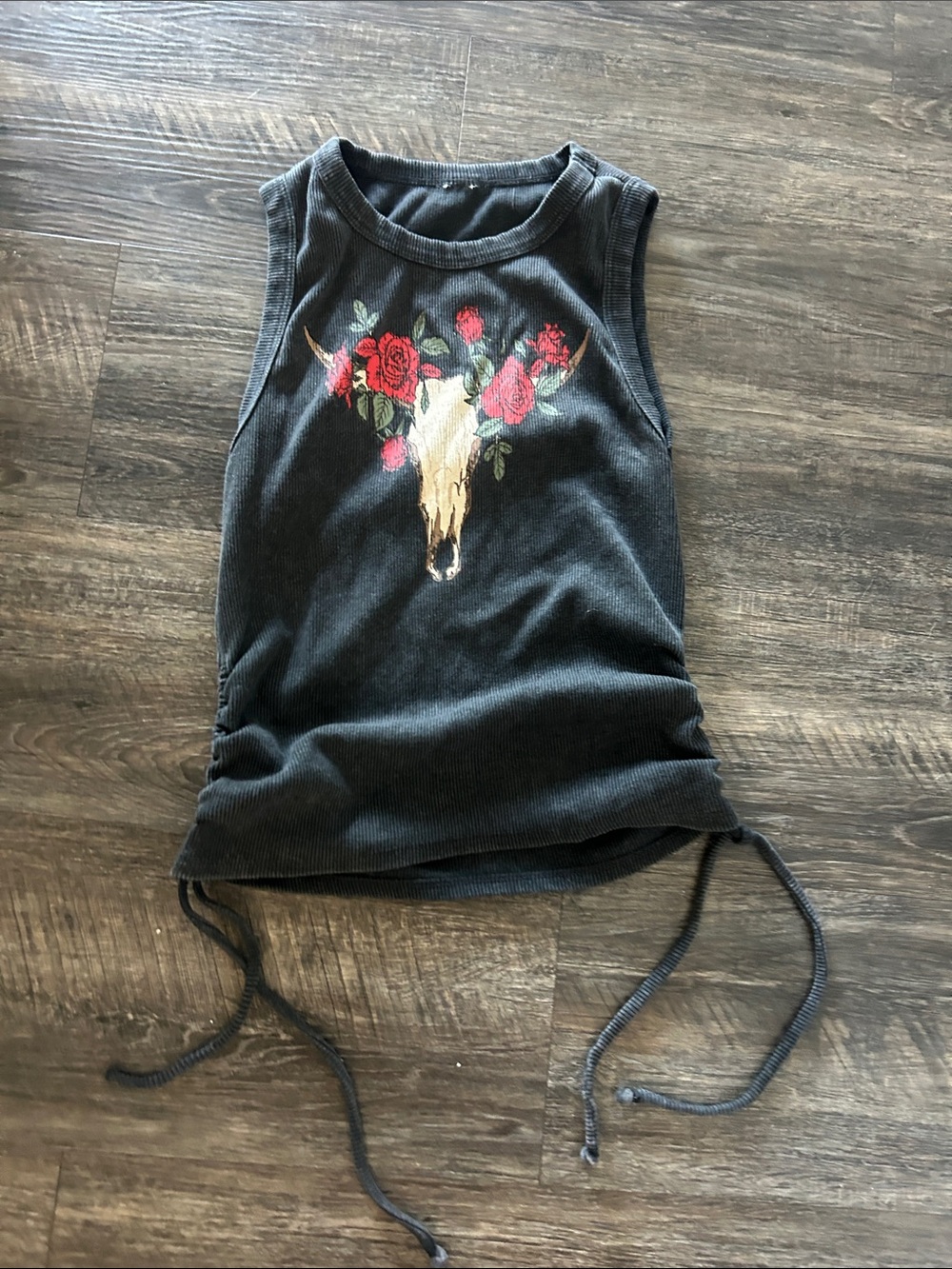 Urban Outfitters Black Ribbed Tank with Floral Bull Skull Graphic